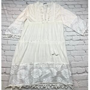 Miss Look Tunic Coverup white Crochet Lace Tassel Gauzy Beach Pool Size S A723